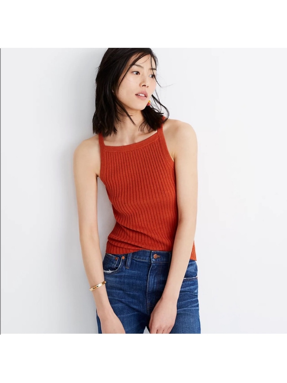 Madewell Ribbed High-Neck Tank Top in Rust Orange